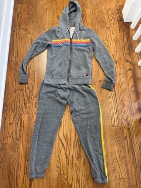 Aviator Nation Gray Stripe Sweatpants & Zip Hoodie with Rainbow Stripe